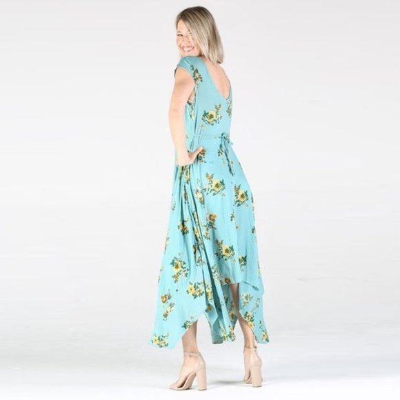 Nostalgia Floral Maxi Dress NWT • Teal Blue • Hanky Hemline • Short Sleeve Boho - Picture 3 of 4